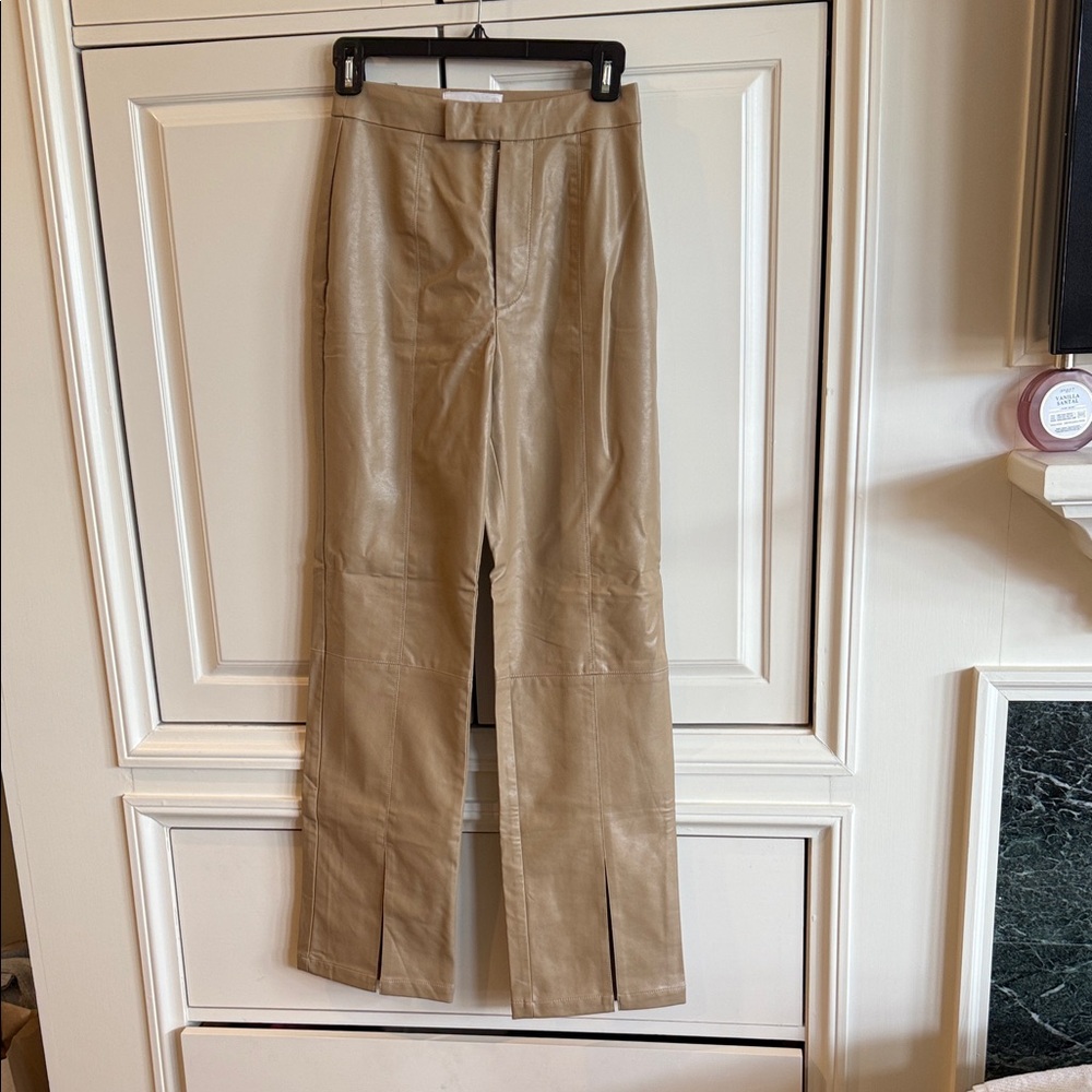 Tan Faux Leather Pants with Front Slits